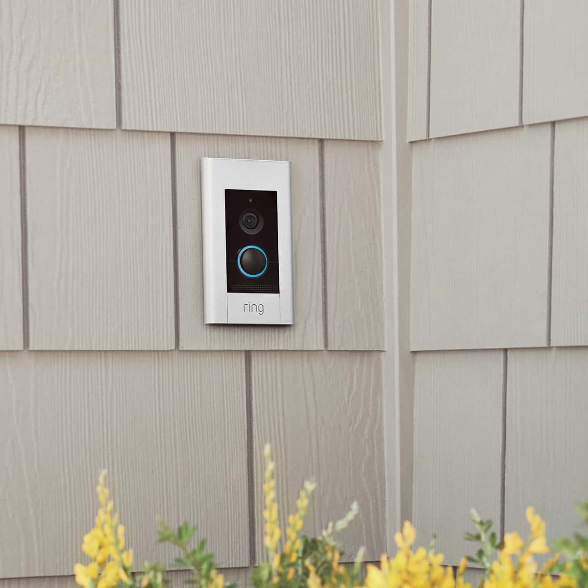 The power over Ethernet Ring Doorbell Elite, mounted on a wall.