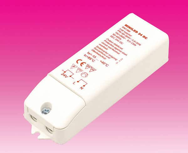 A MINILED 24 DC transformer, code FL1808, based on UK/European input voltages.