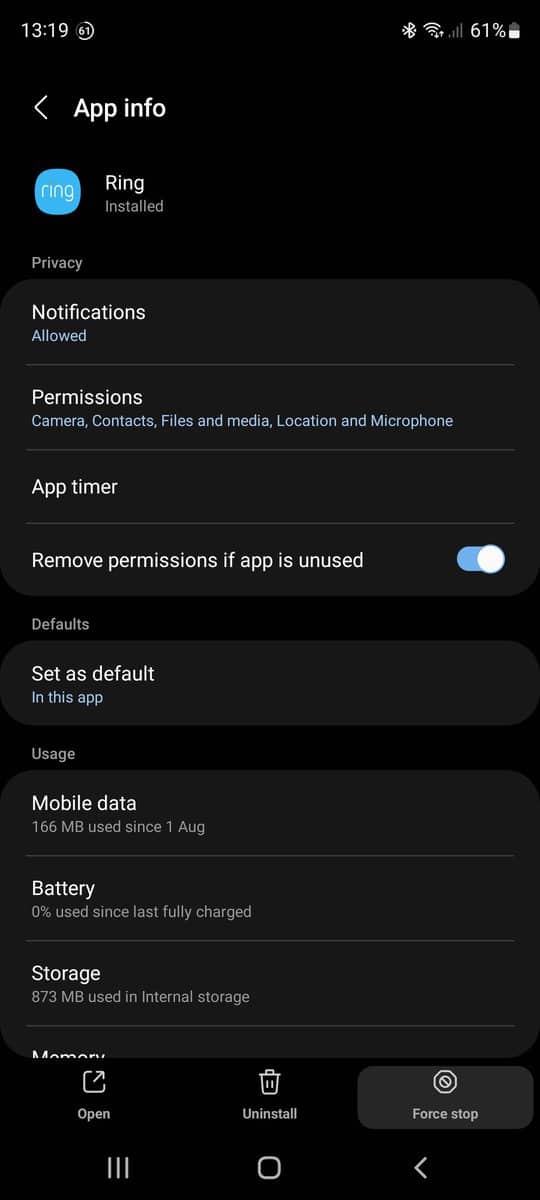 Force stopping the Ring app on Android