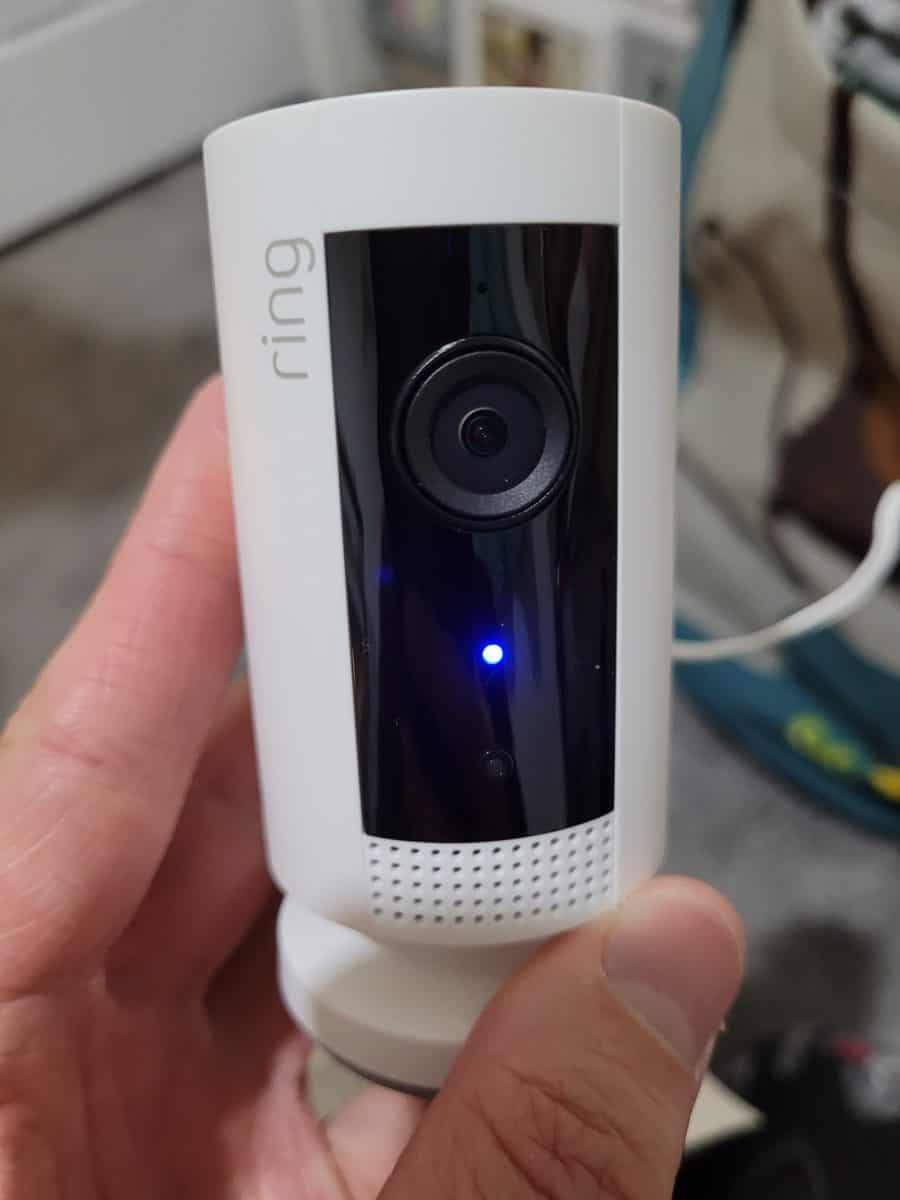 Front view of the Ring Indoor Cam in recording mode as shown by the blue light