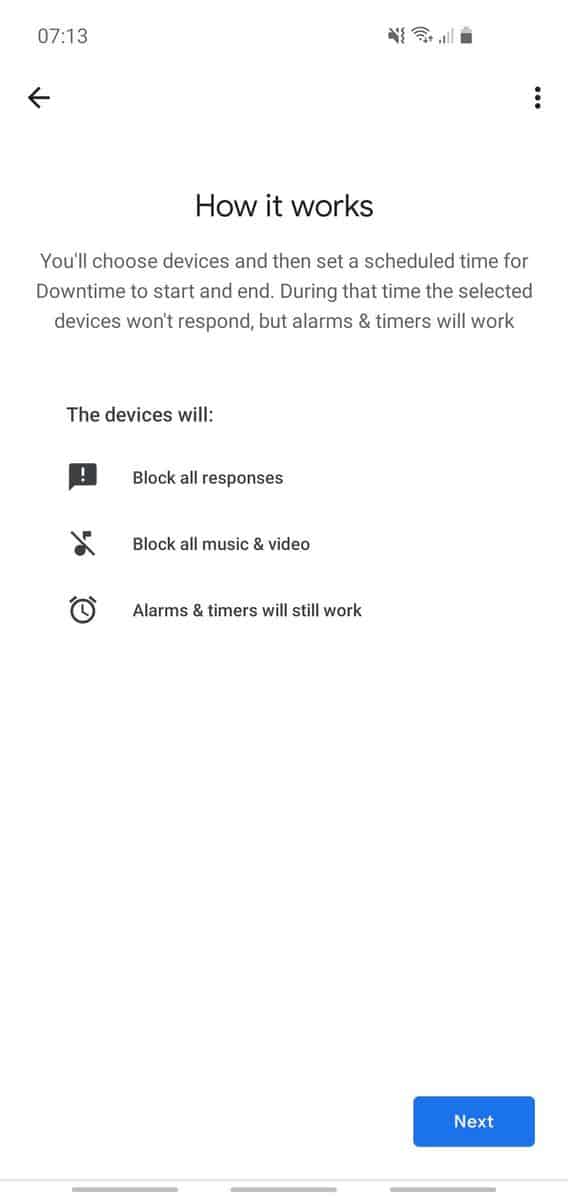 A phone screenshot from my Google Home app's "Downtime" feature, explaining what it does (including that alarms and timers will still be heard).