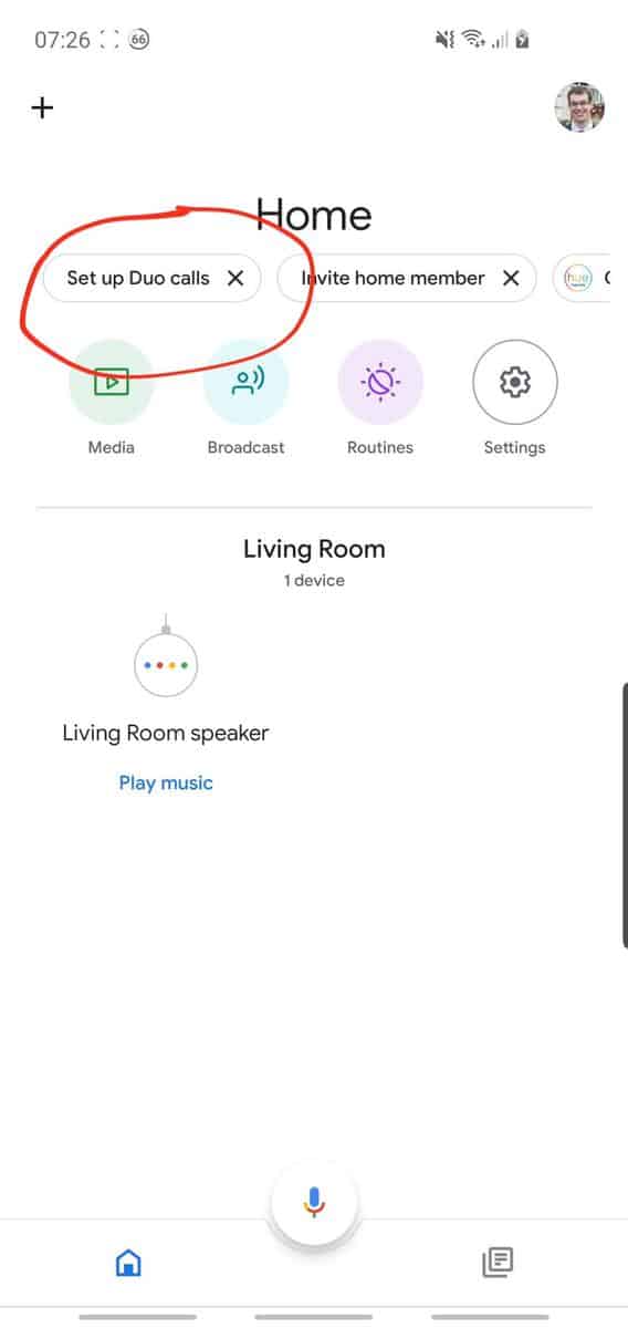 Phone screenshot showing the "Setup Duo Calls" option on the Google Home app.