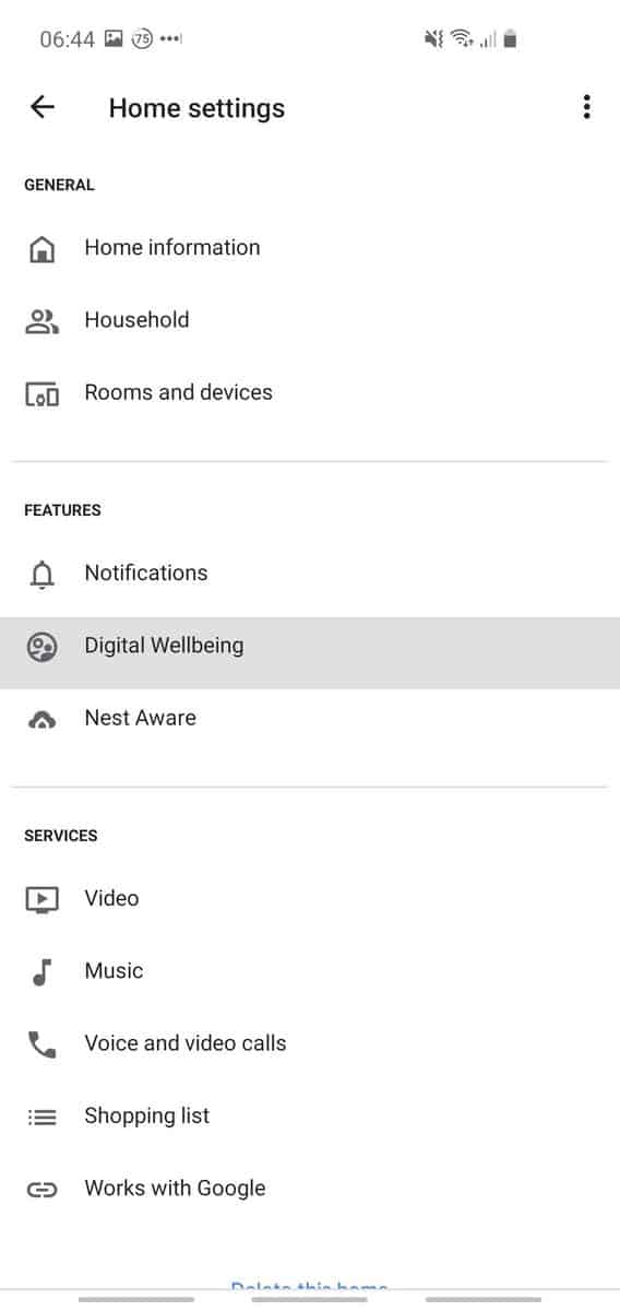 Phone screenshot showing how to access the digital wellbeing settings of the Google Home app.