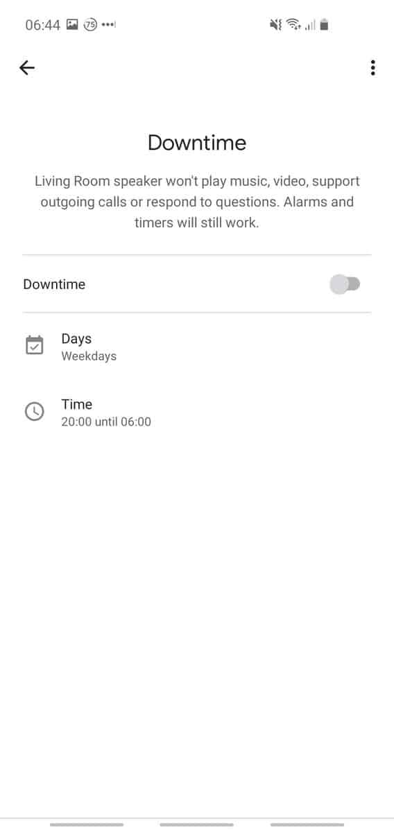 Phone screenshot showing how to disable the downtime feature from the Google Home app.