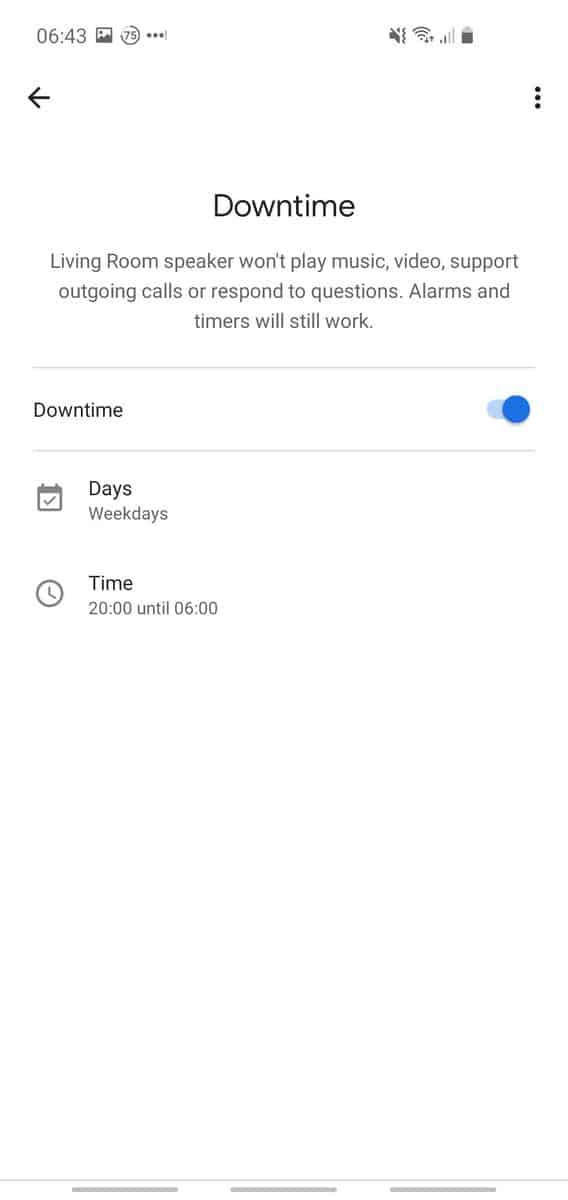 Phone screenshot showing how to enable the downtime feature from the Google Home app.