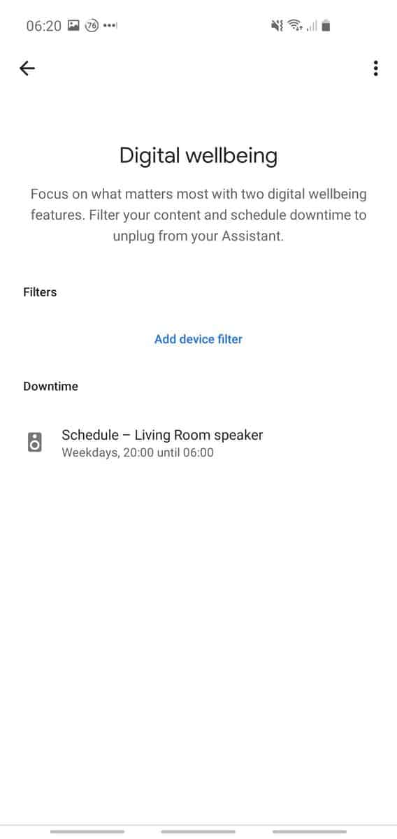 Phone screenshot showing the downtime summary page within the Google Home app.