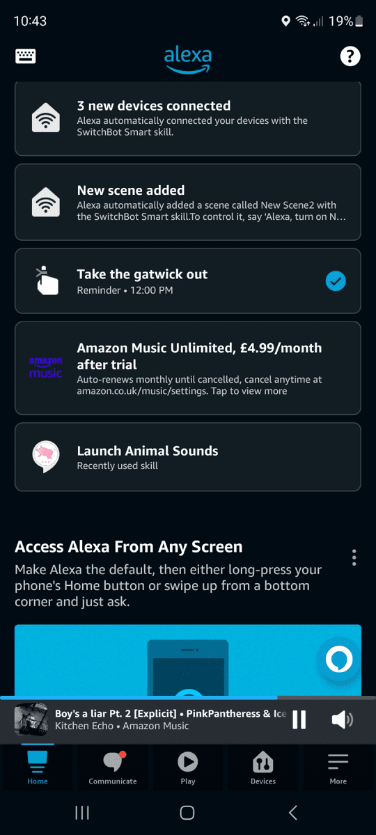 Home screen of the Alexa app showing new devices connected and music currently playing