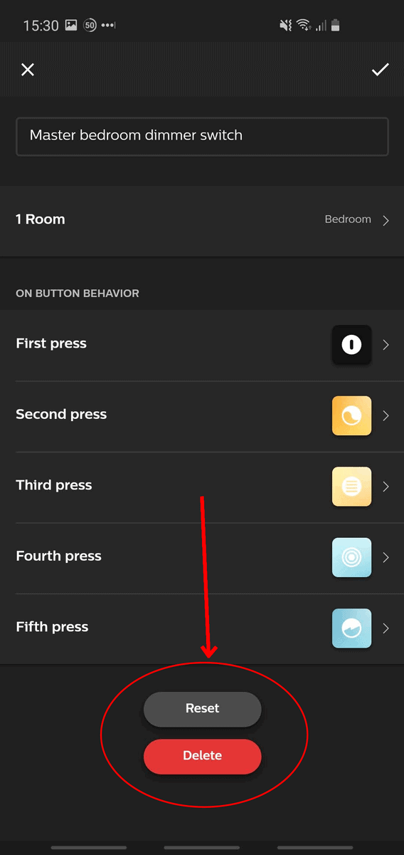 How to delete or reset a dimmer switch within the Hue app