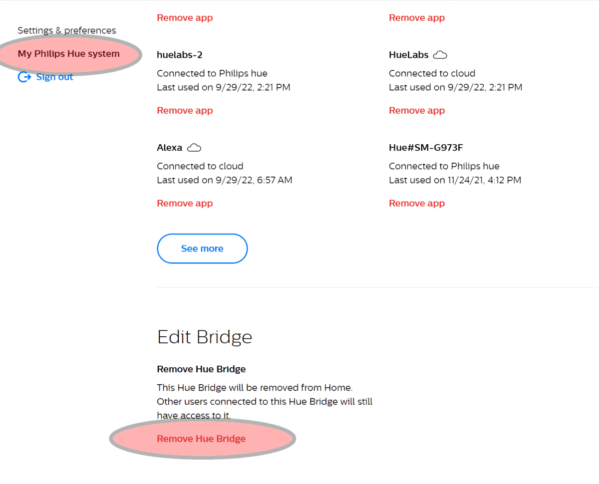 How to remove the Hue Bridge from your Hue account on a computer