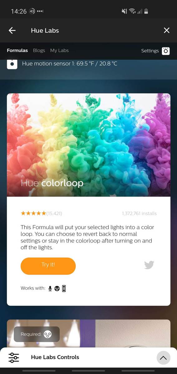 Hue app Lab showing the colorloop lab formula