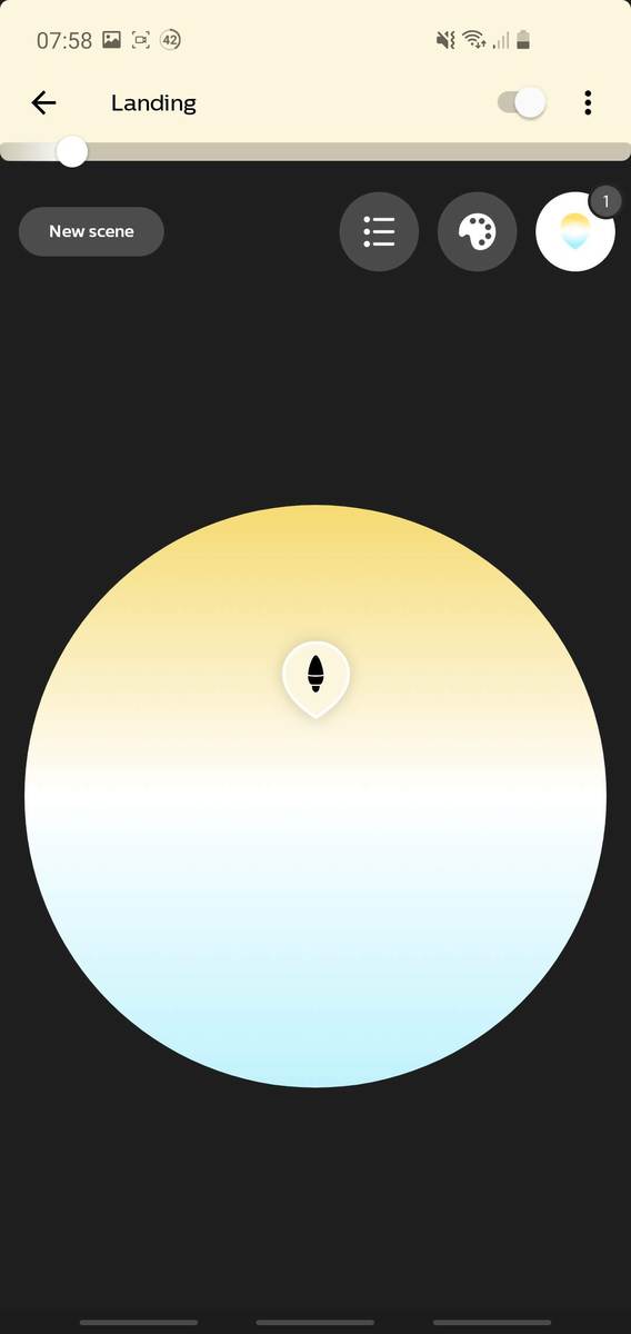 Screenshot from the Hue app, showing the color wheel picker for a White Ambiance Hue bulb.