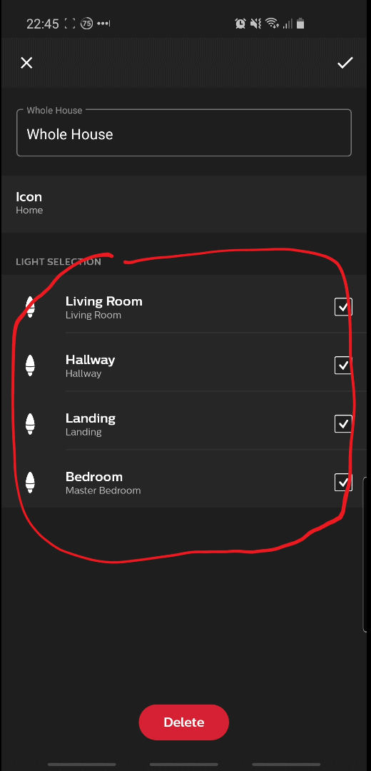 Hue app screenshot showing my four bulbs named "Living Room", "Hallway", "Landing" and "Bedroom".