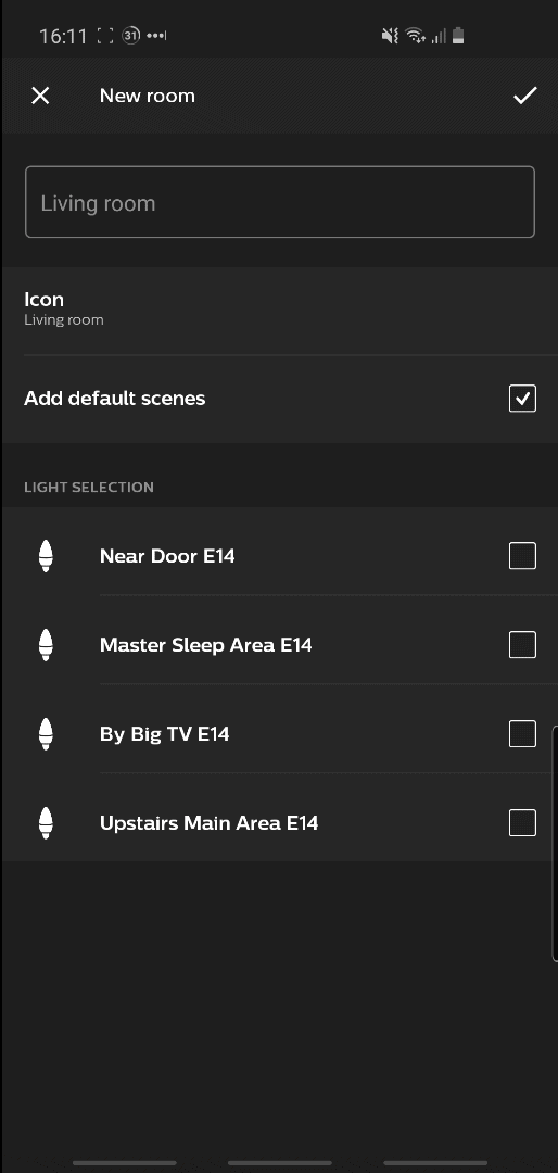 Screenshot from the Hue app, showing my four bulbs now have unique names which I'm not likely to ask Alexa (such a "Near Door E14").