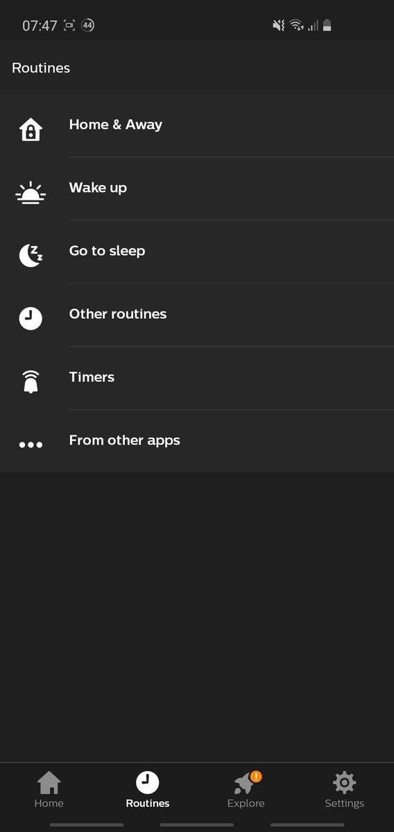 Screenshot from the Hue app, showing the available Routines choices to control your smart Hue bulbs.