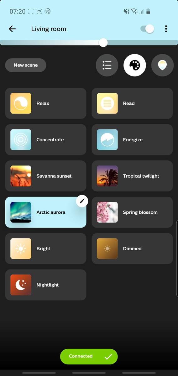 Screenshot from the Hue app, showing the scenes organized per room.