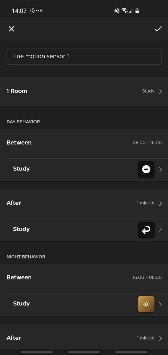 Hue app screenshot showing the Hue Motion Sensor config