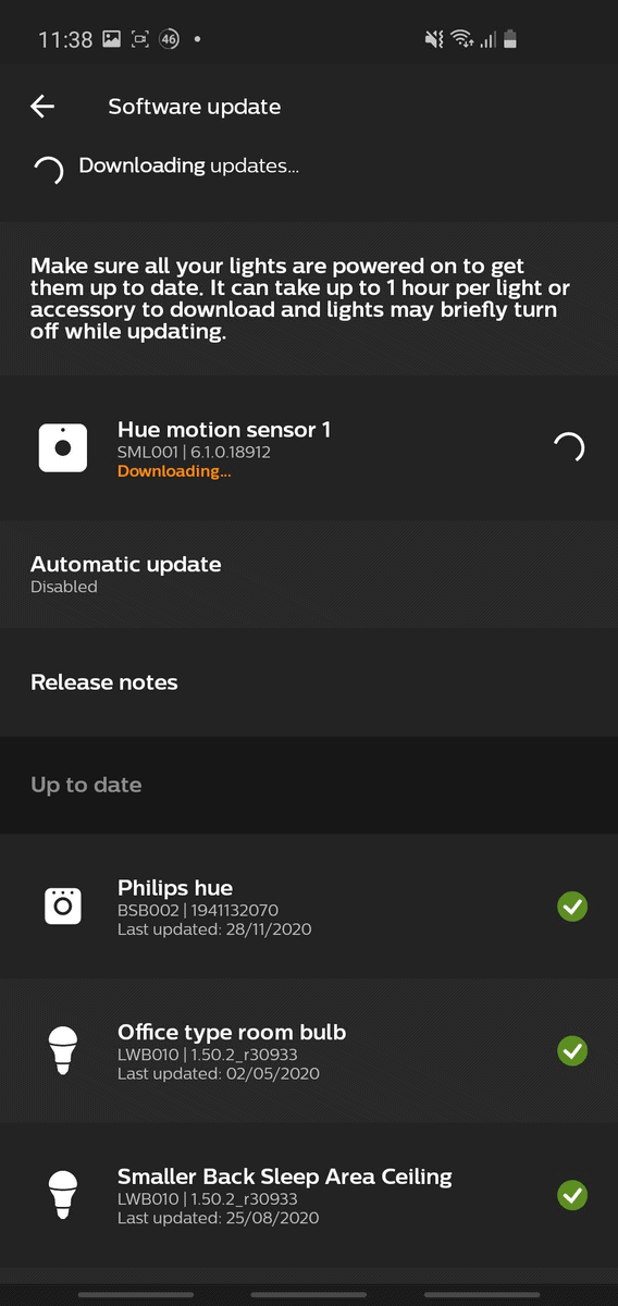 Hue app showing software update to the Philips Hue motion sensor