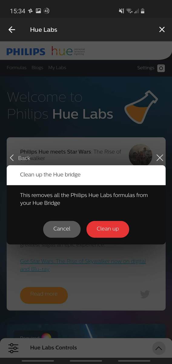 Hue app screenshot showing the 'Cleanup Hue Bridge' option from Hue Labs.