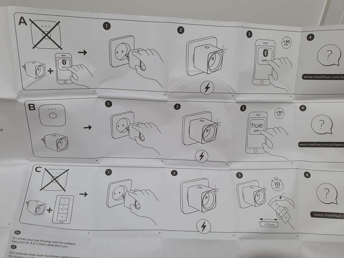 Philips Hue smart plug manual showing the different install modes