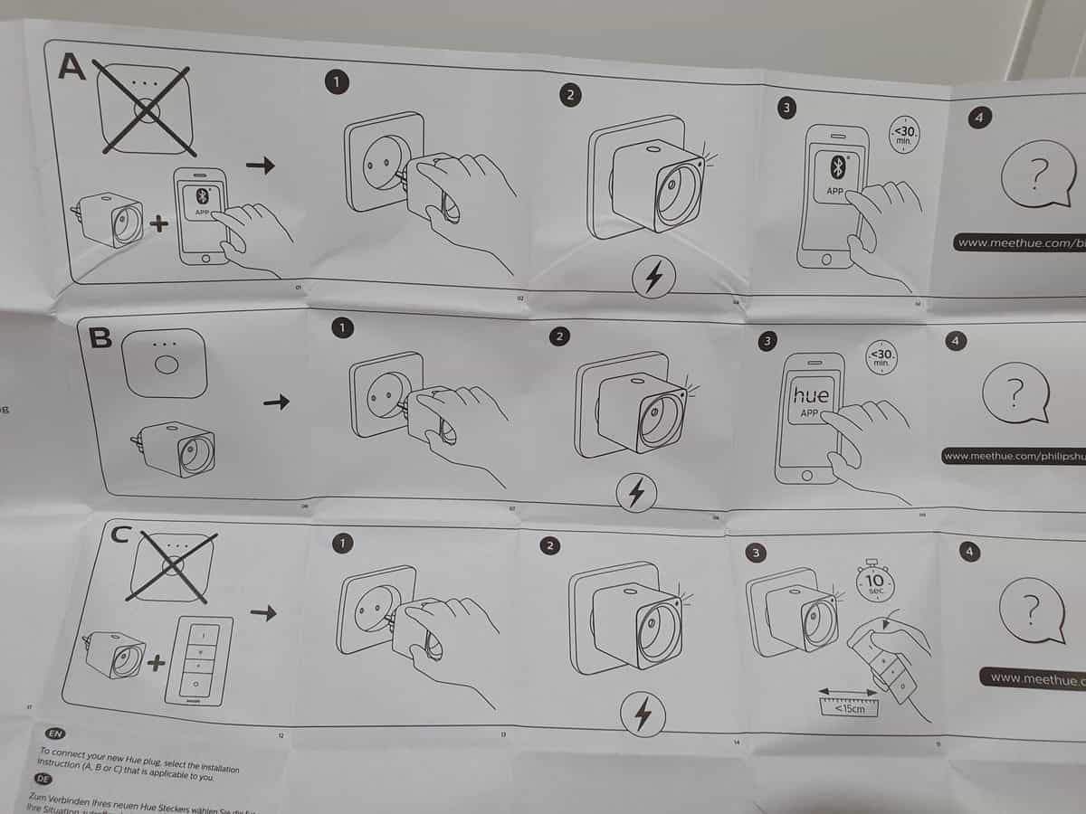 Philips Hue smart plug manual showing the different install modes