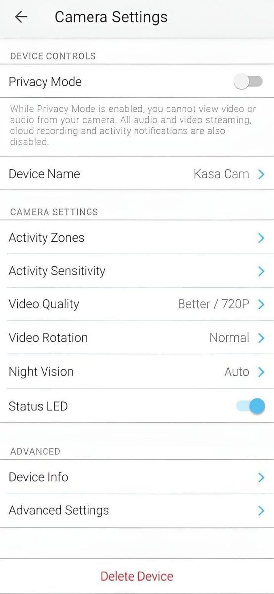 Kasa Camera Settings