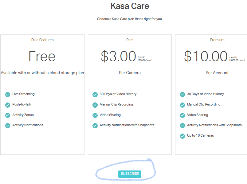 Kasa Care Plans Pricing