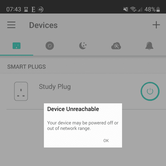 Kasa app showing a Device Unreachable error