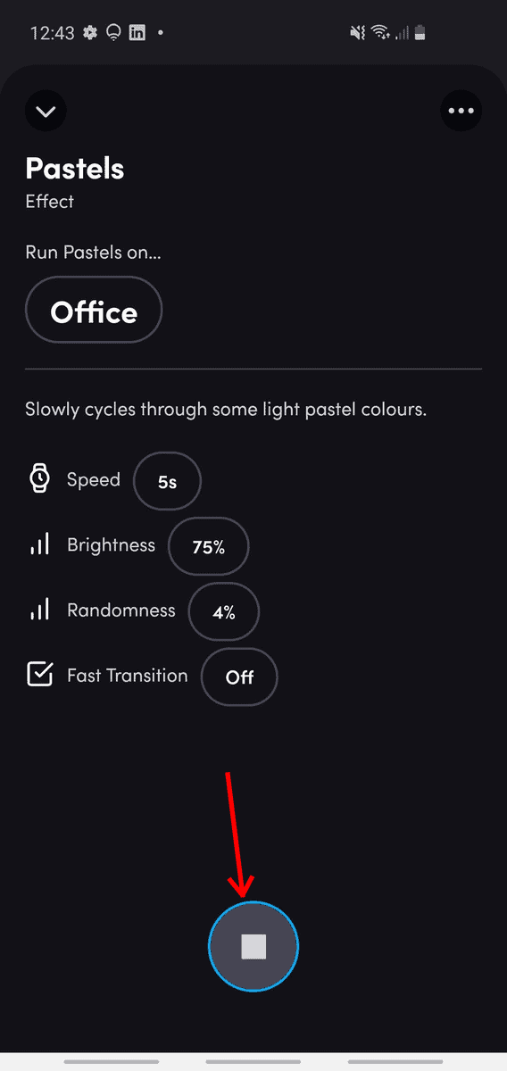 The LIFX Pastels effect with the STOP button highlighted