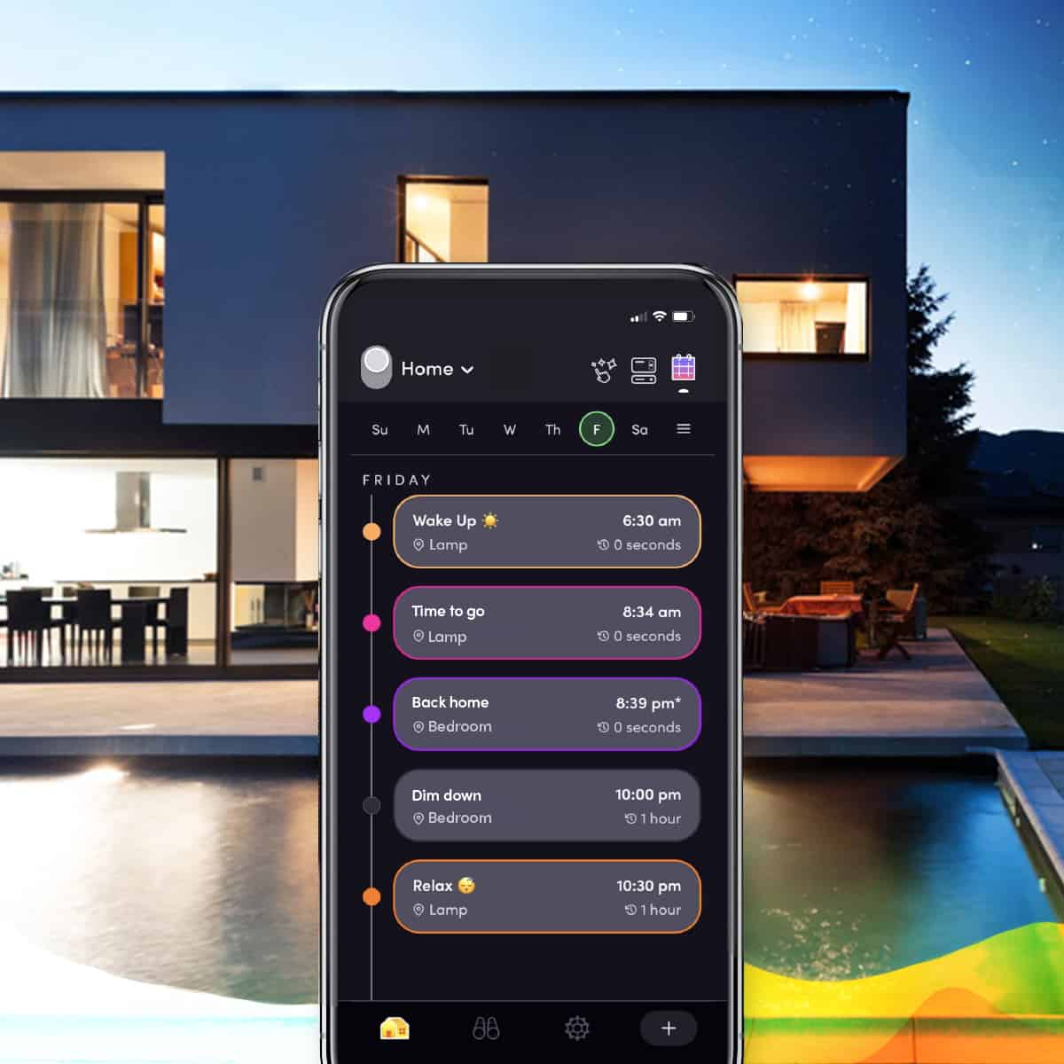 Marketing image of the LIFX app's "Schedules" page, with a 3D rendered house in the background.