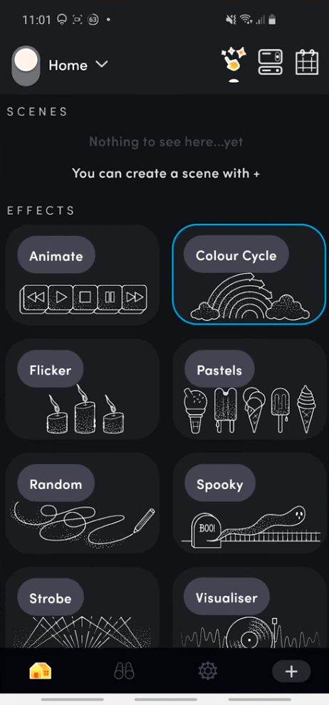 The effects section from my LIFX app, showing animate, colour cycle, flicker, pastels, random, spooky, stroke and visualiser options.