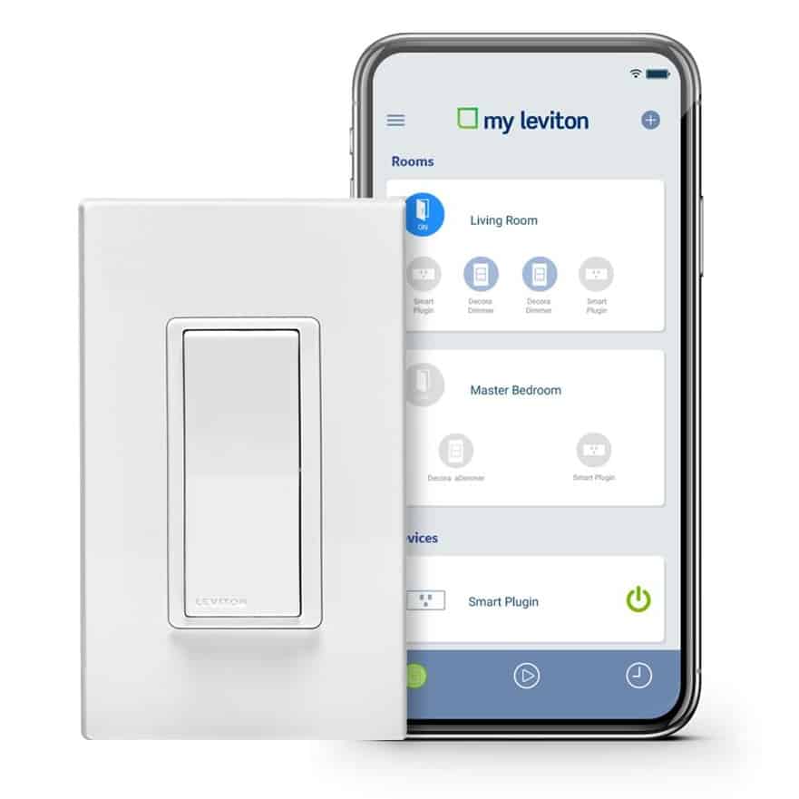 Marketing image for the Leviton Decora Smart WiFi 15 Amp Light Switch