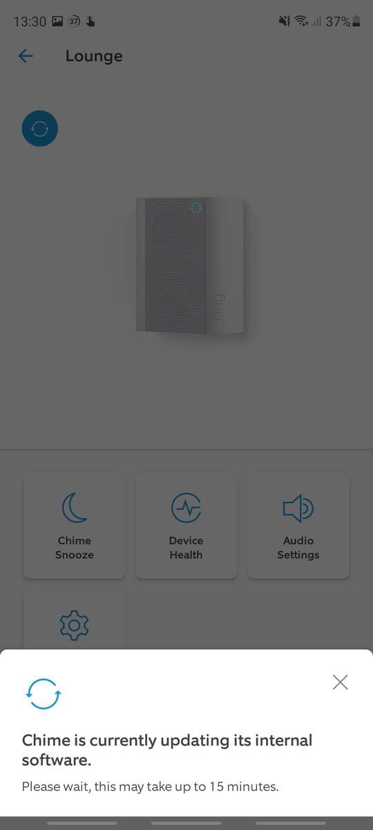 Looking at a Ring Chime in the Ring app and a warning says that the Ring Chime is updating its internal software