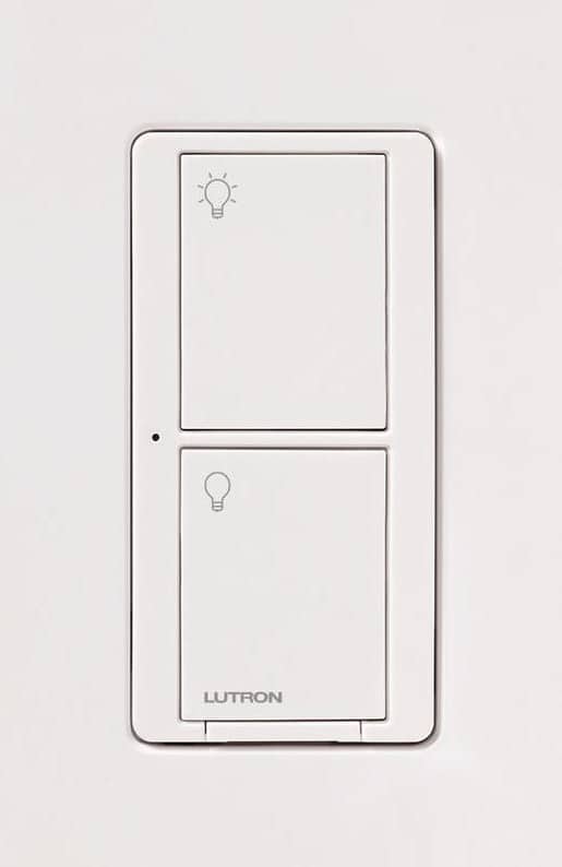 Marketing image of a two-switch Lutron Caseta smart switch