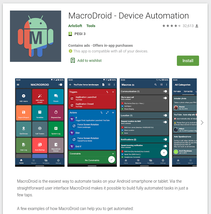 Screenshot of the MacroDroid app on the Google Play store.