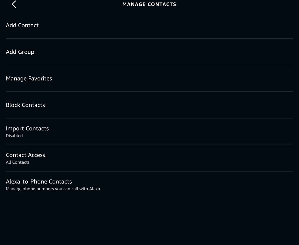 Manage Contacts options in the Alexa app