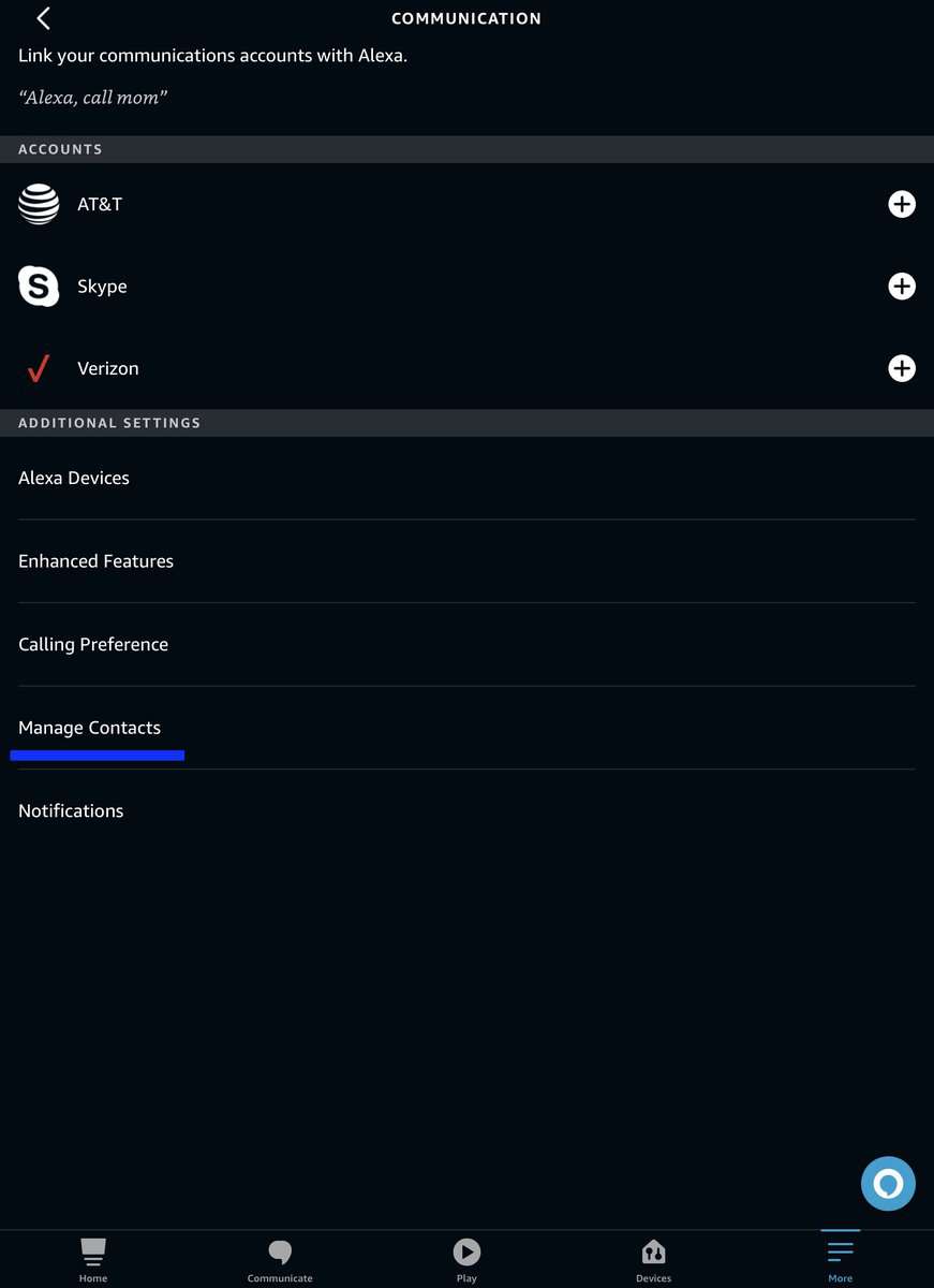 Manage Contacts sections in the Alexa app