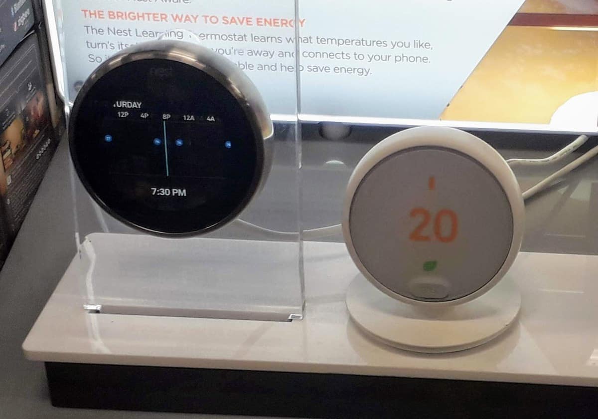 Two Google Nest thermostats in store, the Learning Thermostat 3rd Gen and Thermostat E.