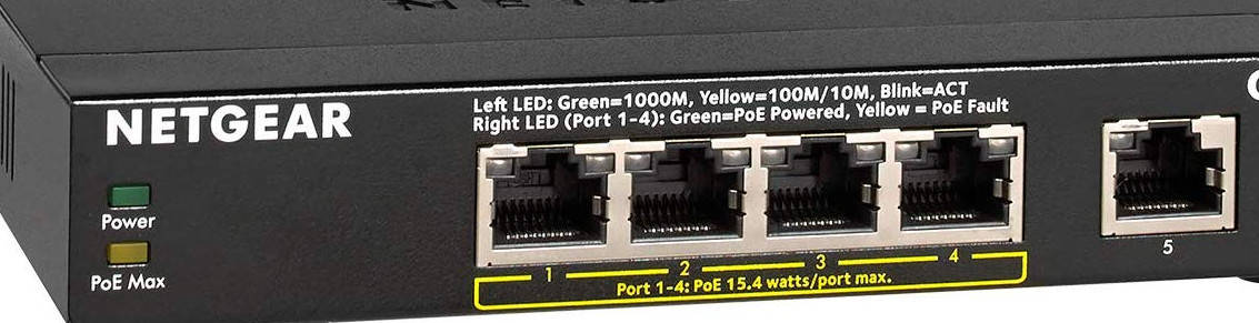 Four powered 'type 1 PoE' Ethernet ports shown on a Netgear GS305P network switch.