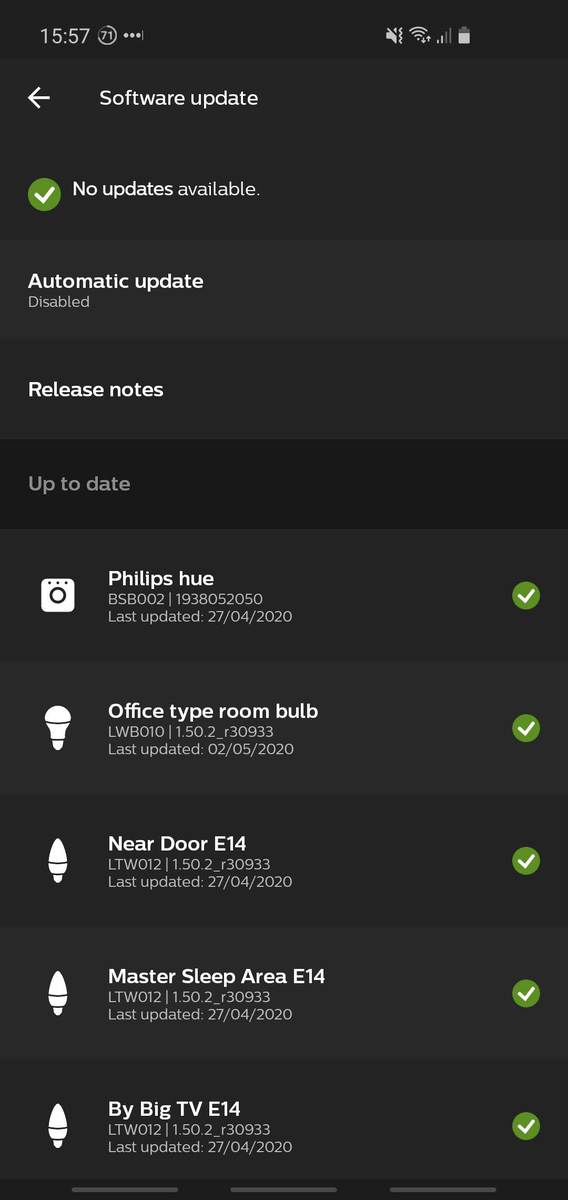 Screenshot of Philips Hue app, showing the software updates (and existing versions) for a Hue Bridge and also four smart bulbs.