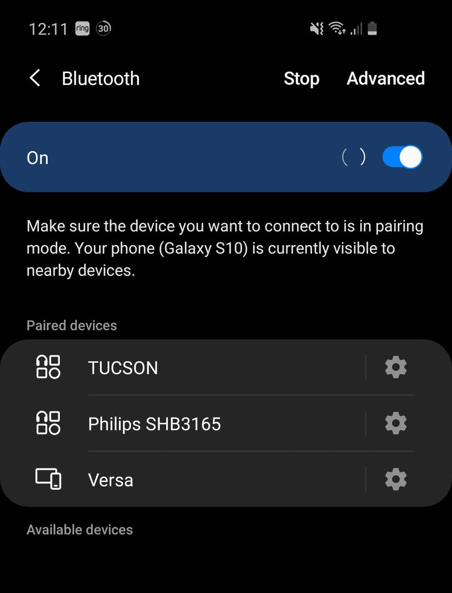 Phone screenshot of my Bluetooth settings and paired devices