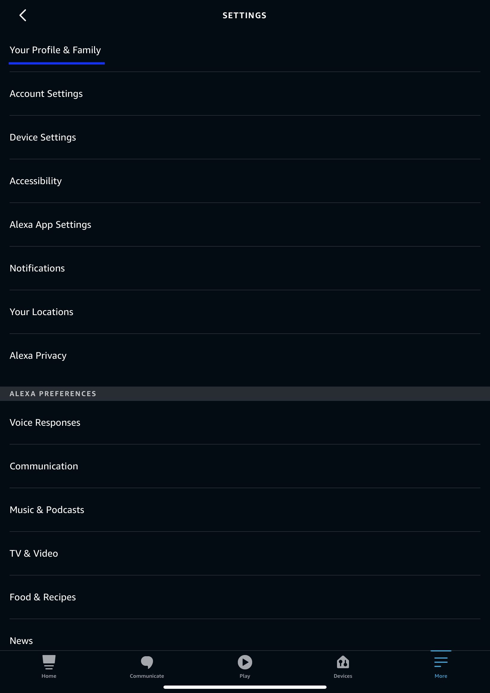 Profile and Family in Alexa App Settings