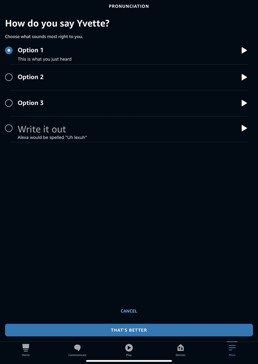 Pronunciation options in Alexa app