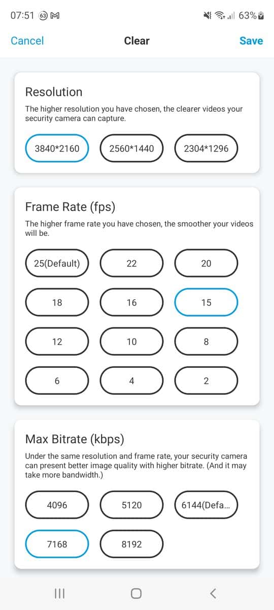 Reolink allow you to adjust the resolution FPS and bitrate