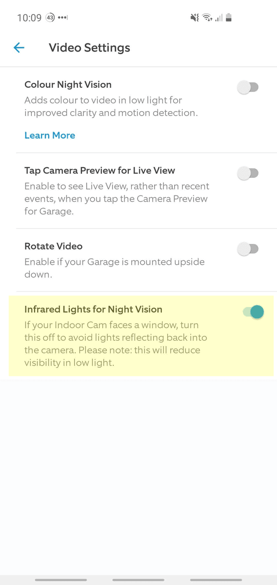 Phone screenshot showing how you can turn off infrared lights for night vision on a Ring Indoor Cam, in the Ring App.