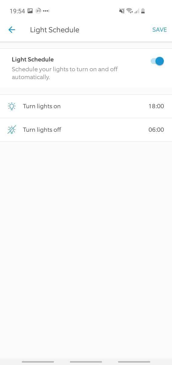 Phone screenshot showing the Ring app's Floodlight Cam light schedule options