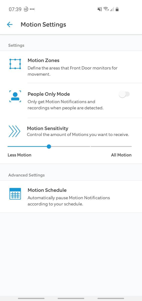 Ring app screenshot showing the "People Only Mode" option of a hardwired Ring device.