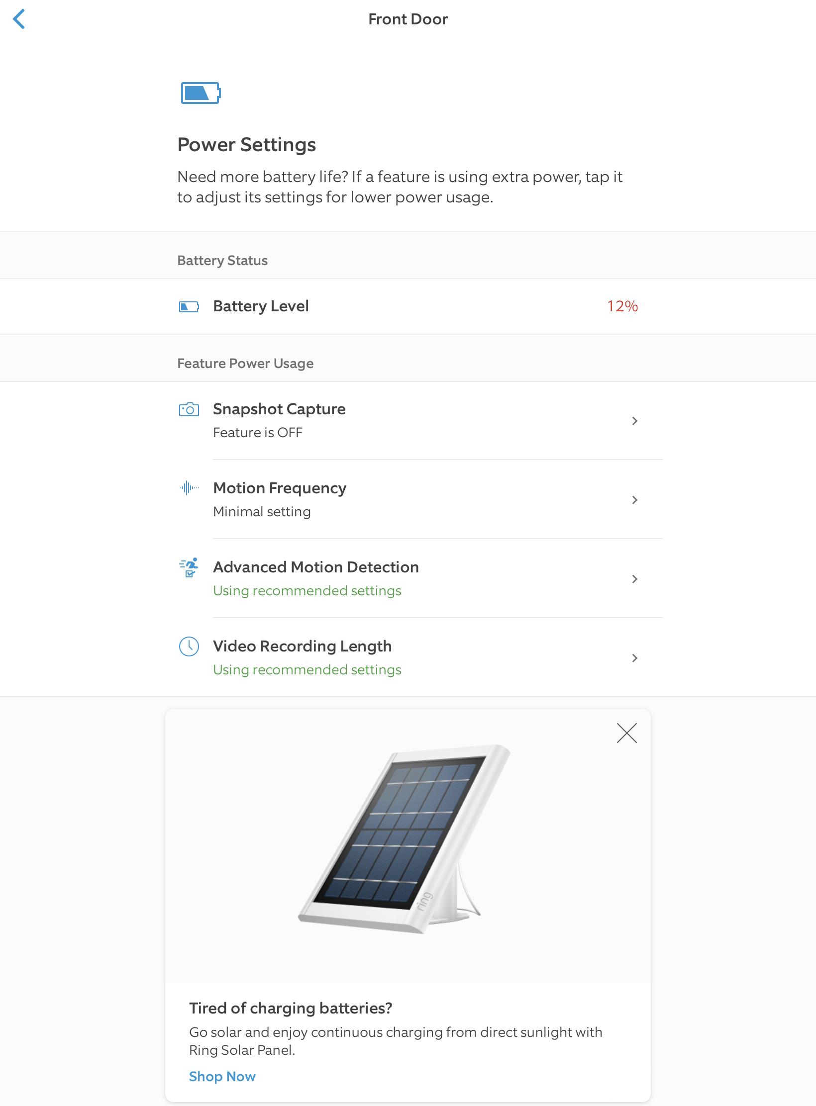 Ring app Power Settings