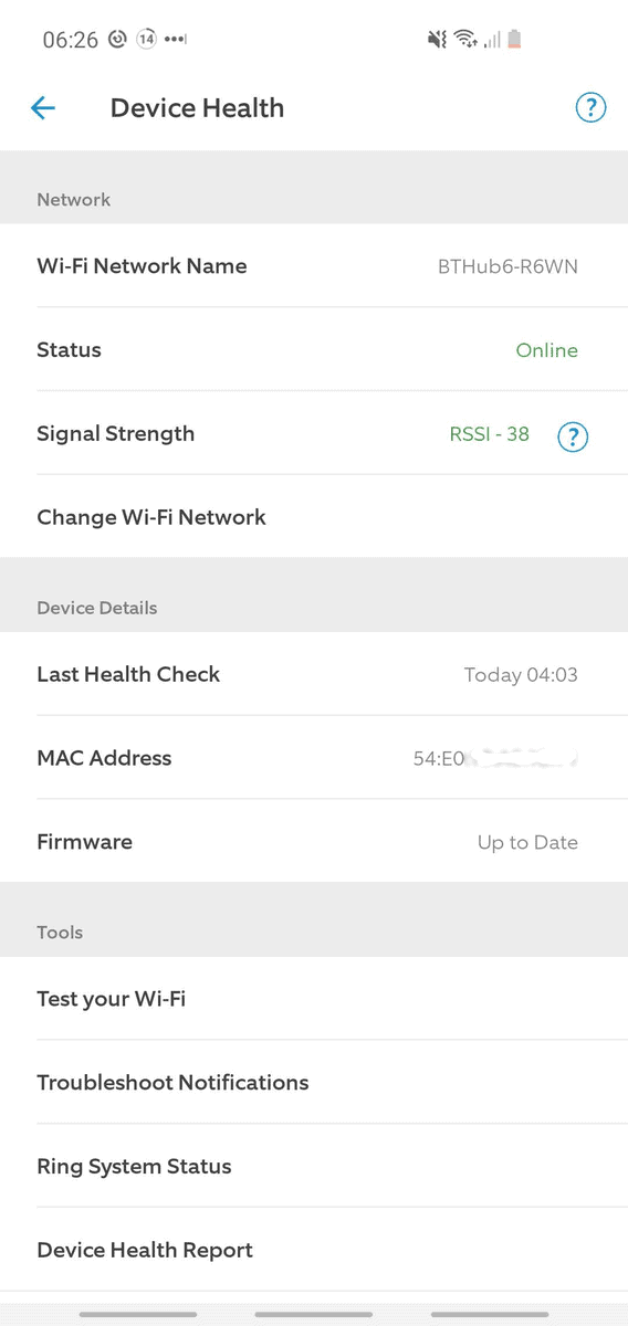 The WiFi health on the 'Device Health' page of my Ring app (for my Ring Indoor Cam).