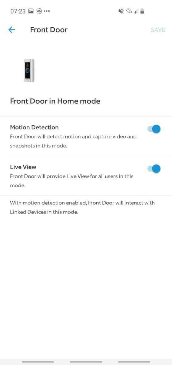 Ring app screenshot showing the configuration options for a Ring Doorbell Pro in Home mode.