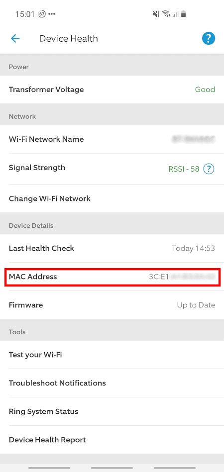 Phone screenshot from the Ring app, showing the MAC Address under 'Device Health'.